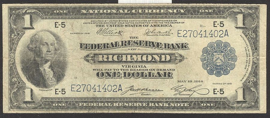 Fr.722, 1918 $1 Richmond, Virginia FRBN, E27041402A, F